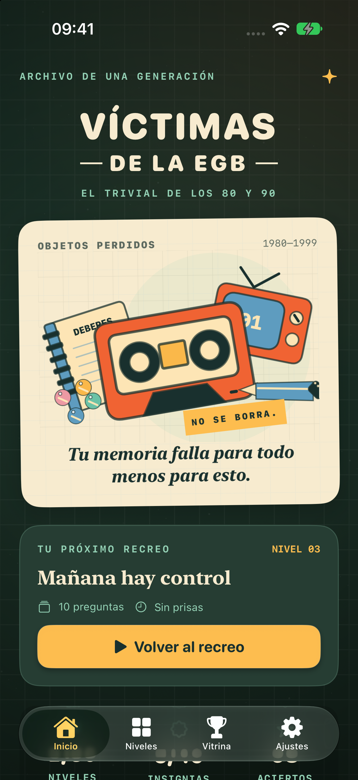 Pantalla de inicio de Víctimas de la EGB