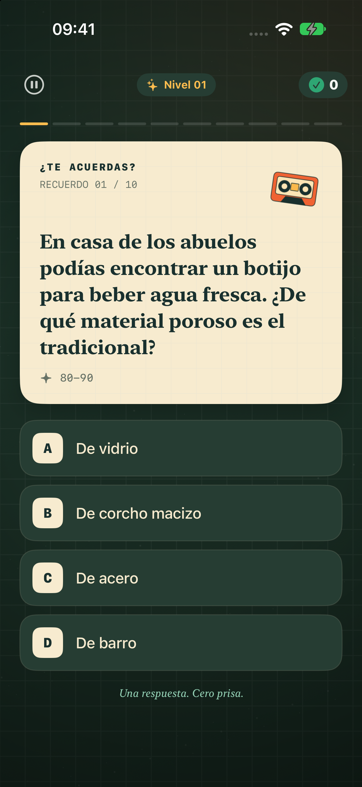 Pantalla de una pregunta del juego